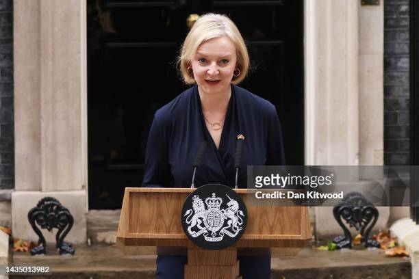 Liz Truss speaks in Downing Street as she resigns as Prime Minister Of The United Kingdom on October 20, 2022 in London, England. Liz Truss has been...