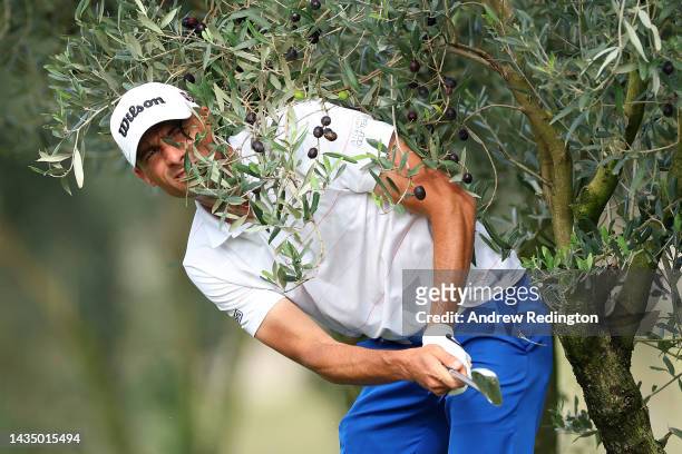 Benjamin Hebert of France looks on after playing their second shot on the 5th hole on Day One of the Mallorca Golf Open at Son Muntaner Golf Club on...