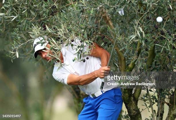 Benjamin Hebert of France plays their second shot on the 5th hole on Day One of the Mallorca Golf Open at Son Muntaner Golf Club on October 20, 2022...
