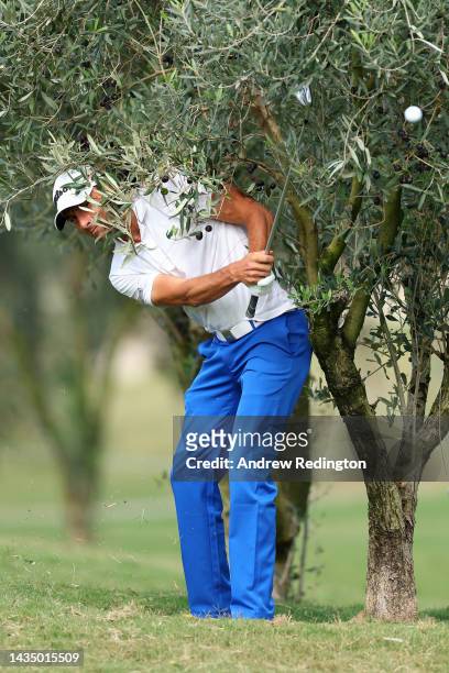 Benjamin Hebert of France plays their second shot on the 5th hole on Day One of the Mallorca Golf Open at Son Muntaner Golf Club on October 20, 2022...