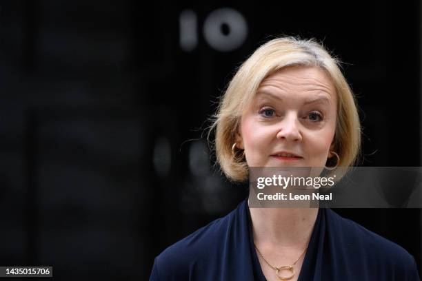 Prime Minister Liz Truss announces her resignation as she addresses the media outside number 10 at Downing Street on October 20, 2022 in London,...