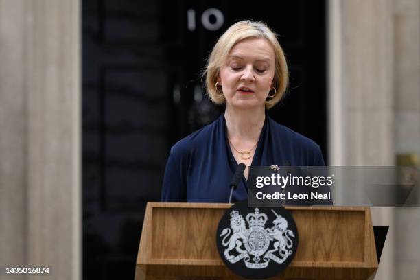 Prime Minister Liz Truss announces her resignation as she addresses the media outside number 10 at Downing Street on October 20, 2022 in London,...