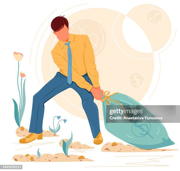 ambitious man dragging a huge bag full of money - heavy bag stock illustrations