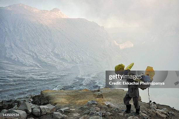 worker carrying sulfur - mining hats stock pictures, royalty-free photos & images