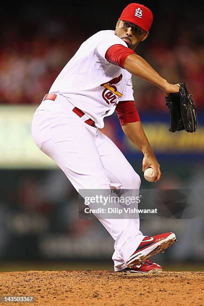 Reliever J.C. Romero of the St. Louis Cardinals pitches against the Milwaukee Brewers at Busch Stadium on April 27, 2012 in St. Louis, Missouri. The...