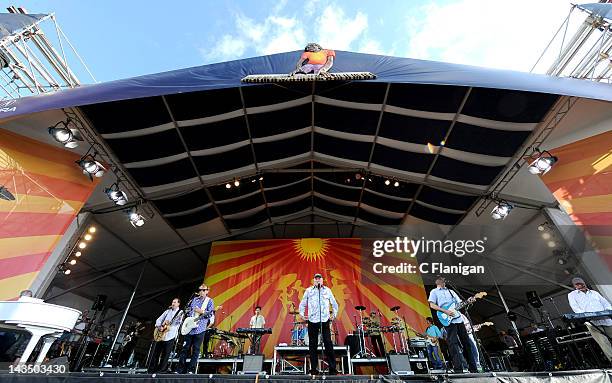 Brian Wilson, Mike Love and Al Jardine, Bruce Johnston and David Marks of The Beach Boys perform during the 2012 New Orleans Jazz & Heritage Festival...