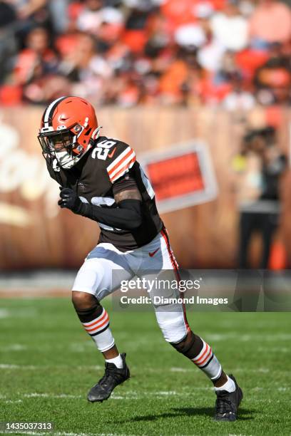 Greedy Williams of the Cleveland Browns runs downfield on a kickoff during the second half against the New England Patriots at FirstEnergy Stadium on...