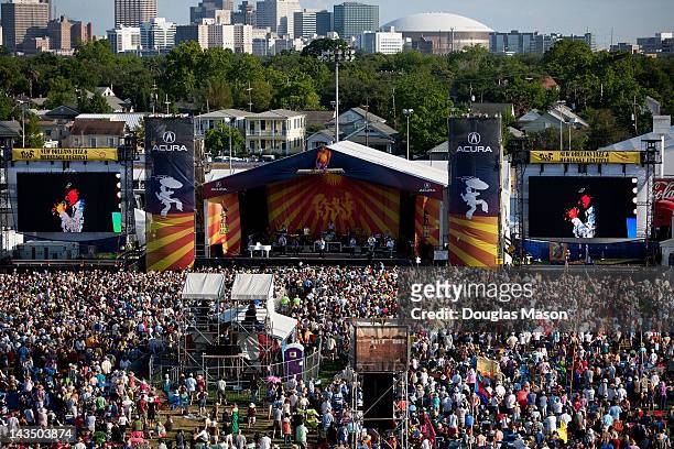 Aerial view of the Beach Boys performing during the 2012 New Orleans Jazz & Heritage Festival at the Fair Grounds Race Course on April 27, 2012 in...