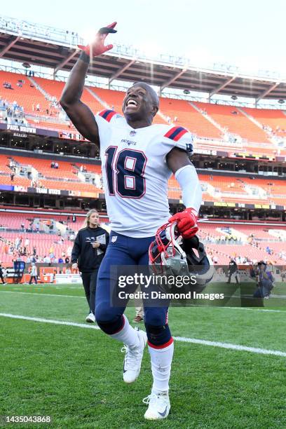 Matthew Slater of the New England Patriots celebrates the team's 38-15 win over the Cleveland Browns at FirstEnergy Stadium on October 16, 2022 in...