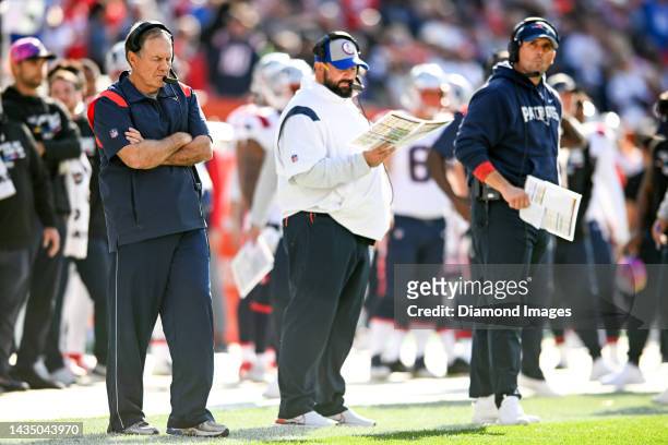 Head coach Bill Belichick, senior football advisor/offensive line coach Matt Patricia and offensive assistant/quarterbacks coach Joe Judge of the New...