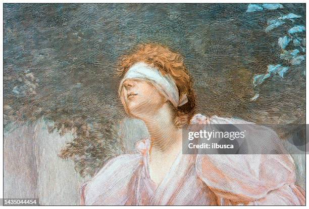 antique image: painting, blindfolded woman - blindfold stock illustrations