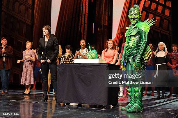 Actor Patrick Page as Green Goblin , Paige Davis, Reeve Carney as Spider-Man and the cast of Spider-Man Turn Off The Dark celebrate Patrick Page's...