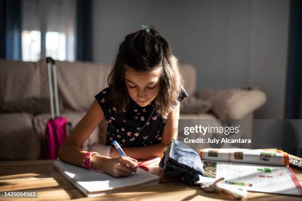 girl does homework in the living room of her house lit by a window - young girls homework stockfoto's en -beelden