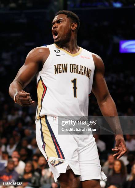 Zion Williamson of the New Orleans Pelicans reacts during the first half against the Brooklyn Nets at Barclays Center on October 19, 2022 in the...