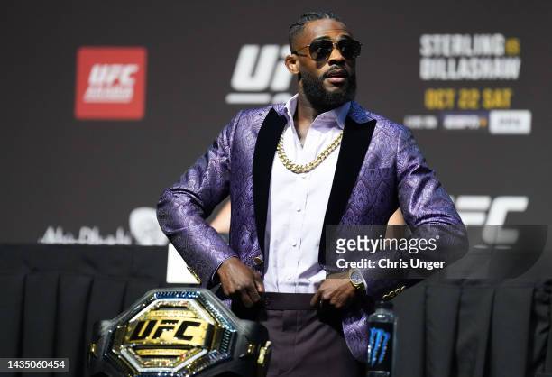 Aljamain Sterling is seen on stage during the UFC 280 press conference at Etihad Arena on October 20, 2022 in Abu Dhabi, United Arab Emirates.