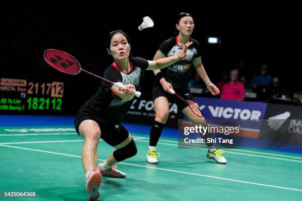 Lee Yu Lim and Shin Seung Chan of Korea compete in the Women's Doubles Second Round match against Yuki Fukushima and Sayaka Hirota of Japan during...