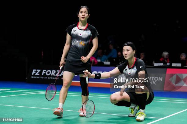 Lee Yu Lim and Shin Seung Chan of Korea react in the Women's Doubles Second Round match against Yuki Fukushima and Sayaka Hirota of Japan during day...