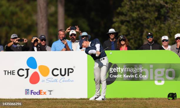 Rory McIlroy of Northern Ireland tees off during the first round of the CJ Cup at Congaree Golf Club on October 20, 2022 in Ridgeland, South Carolina.