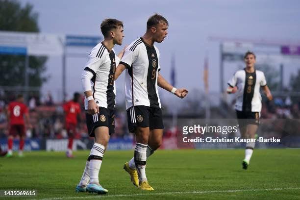 Keke Topp of Germany U19 celebrates after scoring his team`s first goal during the International Friendly match between Switzerland U19 and Germany...