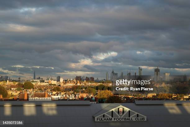 General view outside the stadium prior to the Premier League match between Fulham FC and Aston Villa at Craven Cottage on October 20, 2022 in London,...
