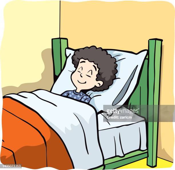 boy sleeping in the bed - child asleep in bedroom at night stock illustrations