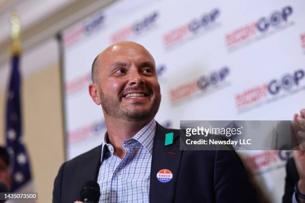 Andrew Garbarino, Republican candidate for Congress 2nd district, speaks at Suffolk GOP Headquarters in Farmingville, New York on Aug. 23, 2022.