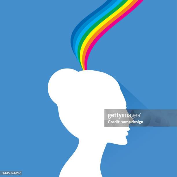 happiness mental state, a positive thinking mind, and an emotional healing woman with a bare head happy rainbow wave from inside his brain. - bipolar disorder stock illustrations