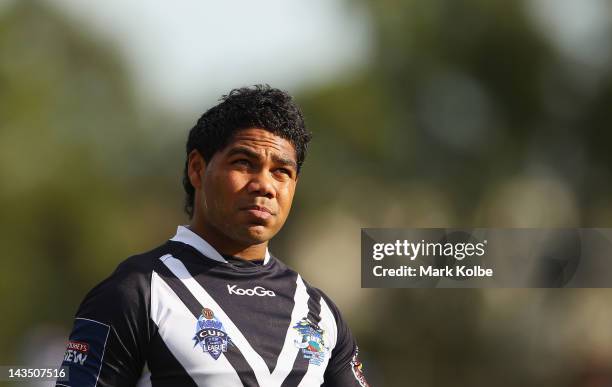 Chris Sandow of the Wentworthville Magpies looks on during the warm-up before the round nine NSW Cup match between the Wentworthville Magpies and the...