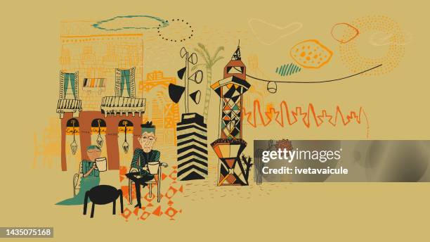 ilustraciones, imágenes clip art, dibujos animados e iconos de stock de escena del café en barcelona - barcelona