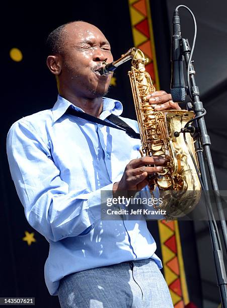 Seun Kuti performs with his band Egypt 80 during the 2012 New Orleans Jazz & Heritage Festival at the Fair Grounds Race Course on April 27, 2012 in...