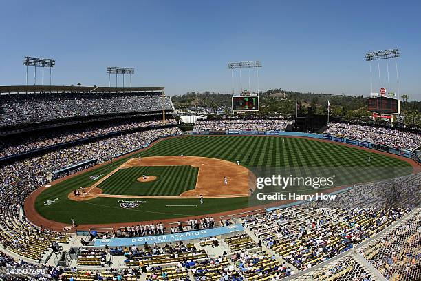 General View of the game between the Pittsburgh Pirates and the Los Angeles Dodgers during opening day at Dodger Stadium on April 10, 2012 in Los...