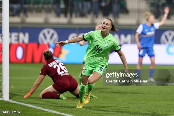 Ewa Pajor of VfL Wolfsburg celebrates after scoring their sides first goal during the UEFA Women's Champions League group B match between VfL...