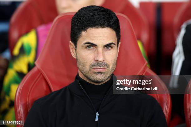 Mikel Arteta, Manager of Arsenal looks on prior to the UEFA Europa League group A match between Arsenal FC and PSV Eindhoven at Emirates Stadium on...