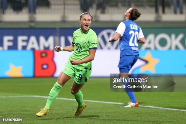 Ewa Pajor of VfL Wolfsburg celebrates after scoring their sides second goal during the UEFA Women's Champions League group B match between VfL...