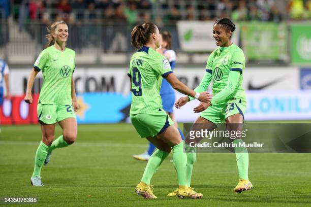 Ewa Pajor of VfL Wolfsburg celebrates with team mate Sveindis Jonsdottir after scoring their sides second goal during the UEFA Women's Champions...