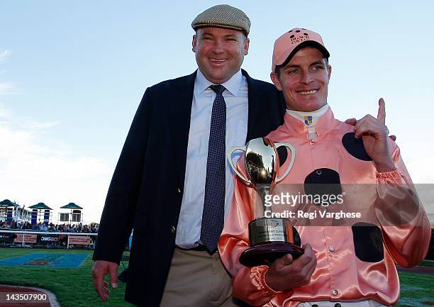 Peter Moody, trainer of Black Caviar and jockey Luke Nolen after winning the Roberts Sangster Stakes race on Schweppes Oaks Day at Morphettville...