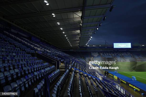 General view inside the stadium prior to the Premier League match between Leicester City and Leeds United at The King Power Stadium on October 20,...
