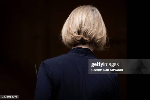Liz Truss speaks in Downing Street, as she resigns as Prime Minister Of The United Kingdom on October 20, 2022 in London, England. Liz Truss has been...