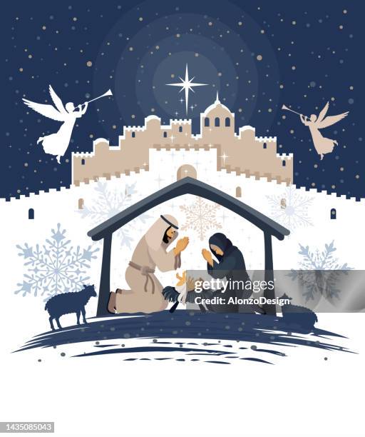 illustrazioni stock, clip art, cartoni animati e icone di tendenza di la nascita di cristo. notte santa. presepe di natale. - natività