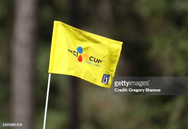 The pin flag on the third green during the first round of the CJ Cup at Congaree Golf Club on October 20, 2022 in Ridgeland, South Carolina.
