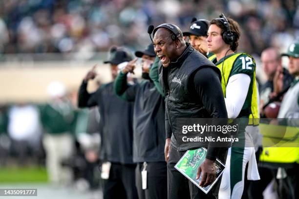 Head coach Mel Tucker of the Michigan State Spartans reacts against the Wisconsin Badgers at Spartan Stadium on October 15, 2022 in East Lansing,...