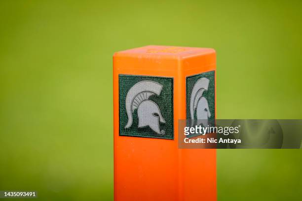 Pylon with the Michigan State Spartans logo is pictured during the football game between the Michigan State Spartans and Wisconsin Badgers at Spartan...