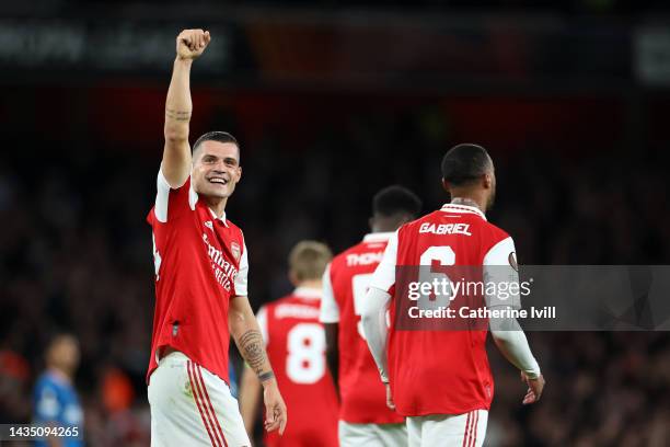 Granit Xhaka of Arsenal celebrates after scoring their side's first goal during the UEFA Europa League group A match between Arsenal FC and PSV...