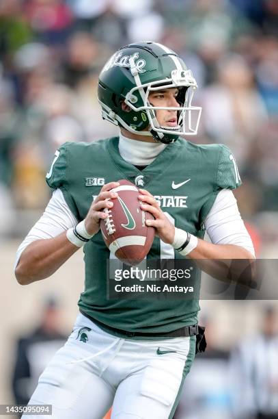 Payton Thorne of the Michigan State Spartans looks to pass the ball against the Wisconsin Badgers at Spartan Stadium on October 15, 2022 in East...