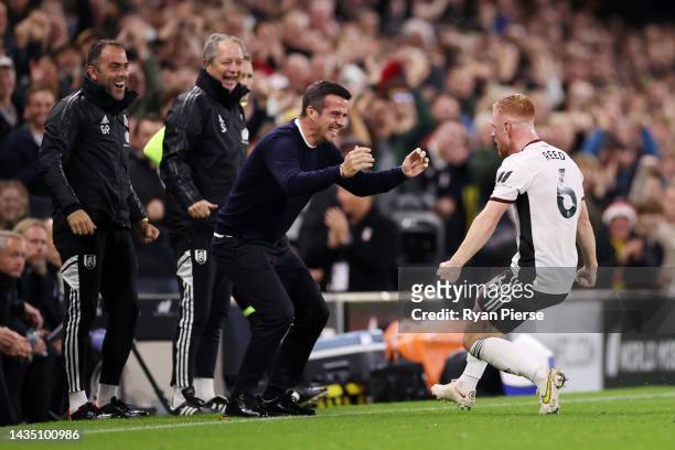 Harrison Reed of Fulham celebrates with Marco Silva, Manager of Fulham after scoring their sides first goal during the Premier League match between...