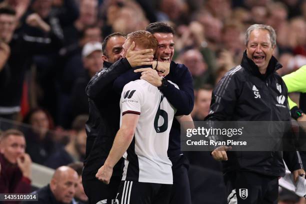 Harrison Reed of Fulham celebrates with Marco Silva, Manager of Fulham after scoring their sides first goal during the Premier League match between...