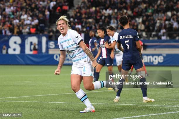 Millie Bright of Chelsea celebrates after scoring her team's first goal during the UEFA Women's Champions League group A match between Paris...