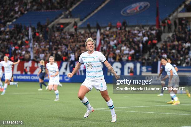 Millie Bright of Chelsea celebrates after scoring her team's first goal during the UEFA Women's Champions League group A match between Paris...