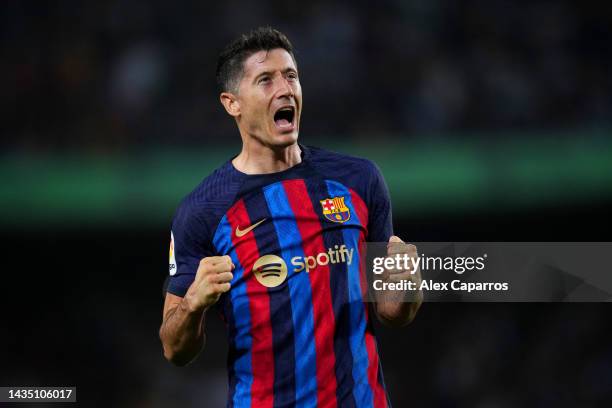 Robert Lewandowski of FC Barcelona celebrates after scoring their sides first goal during the LaLiga Santander match between FC Barcelona and...