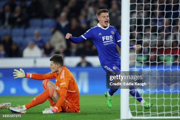 Harvey Barnes of Leicester City celebrates after their side's first goal, an own goal scored by Robin Koch of Leeds United during the Premier League...